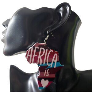 Womens Africa is Love Painted African American Wooden Round Retro Hook Earrings
